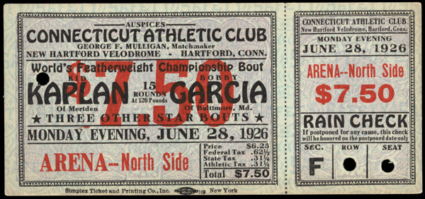 KAPLAN, LOUIS "KID"-BOBBY GARCIA FULL TICKET (1926)