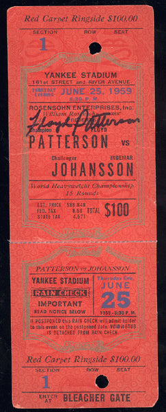 JOHANSSON, INGEMAR-FLOYD PATTERSON I FULL TICKET (1959-SIGNED BY PATTERSON)