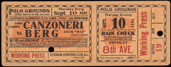 CANZONERI, TONY-JACKIE "KID" BERG FULL TICKET (1931)