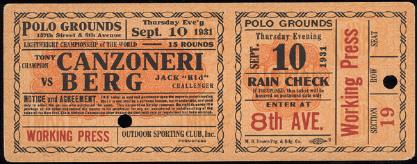 CANZONERI, TONY-JACKIE "KID" BERG FULL TICKET (1931)