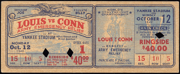 LOUIS, JOE-BILLY CONN EXHIBITION FULL TICKET (1942)