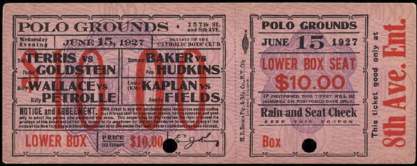 KAPLAN, LOUIS "KID"-JACKIE FIELDS FULL TICKET (1927)