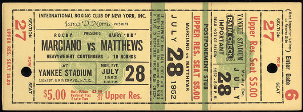 MARCIANO, ROCKY-HARRY "KID" MATTHEWS FULL TICKET (1952)