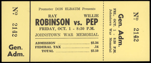 ROBINSON, SUGAR RAY-WILLIE PEP EXHIBITION FULL TICKET (1965)