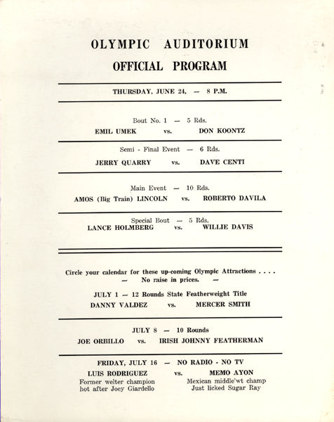 QUARRY, JERRY-DAVE CENTI OFFICIAL PROGRAM (1965-QUARRY'S 4TH PRO FIGHT ...