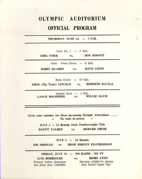 QUARRY, JERRY-DAVE CENTI OFFICIAL PROGRAM (1965-QUARRY'S 4TH PRO FIGHT)