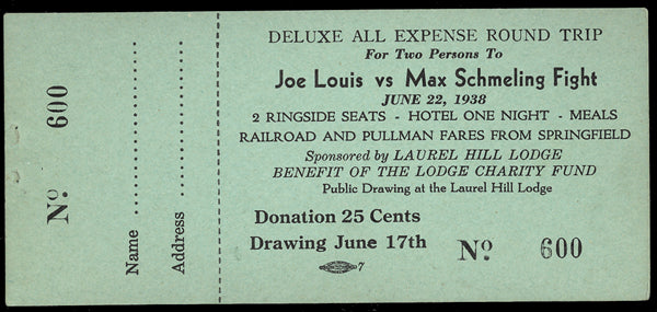 LOUIS, JOE-MAX SCHMELING II FULL RAFFLE TICKET (1938)