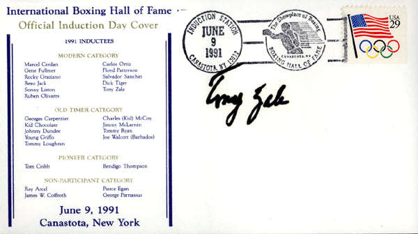 ZALE, TONY SIGNED BOXING HALL OF FAME FIRST DAY COVER