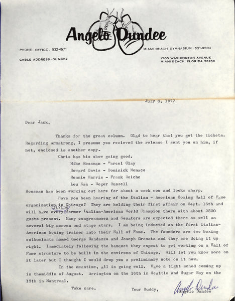DUNDEE, ANGELO SIGNED LETTER (1977)