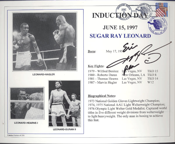 LEONARD, SUGAR SIGNED BOXING HALL OF FAME INDUCTION SOUVENIR (1997)