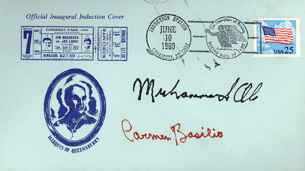 ALI, MUHAMMAD & CARMEN BASILIO SIGNED BOXING HALL OF FAME FIRST DAY COVER (1990)