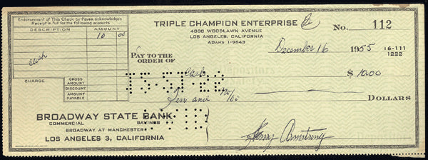 ARMSTRONG, HENRY SIGNED CHECK (JSA AUTHENTICATED)