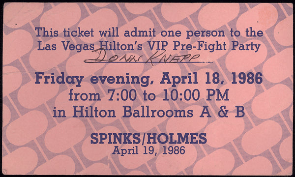 HOLMES, LARRY-MICHAEL SPINKS II PRE FIGHT PARTY TICKET (1986)