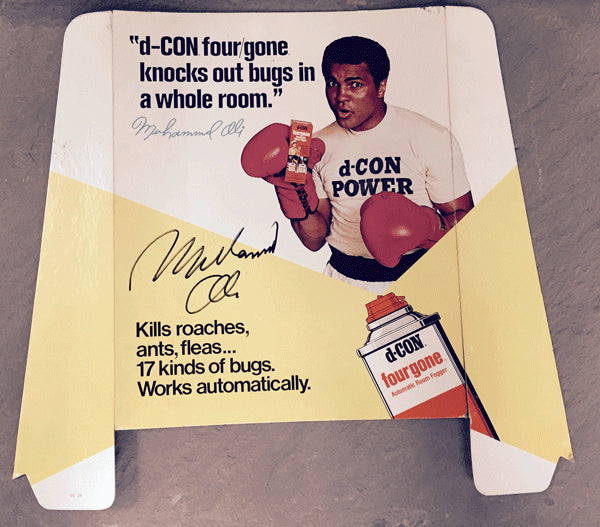 ALI, MUHAMMAD SIGNED D-CON ROACH SPRAY ADVERTISING STANDEE POSTER (1970'S-JSA AUTHENTICATED)