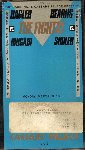 HAGLER, MARVIN-JAMES MUGABI & THOMAS HEARNS-JAMES SHULER PRESS CREDENTIAL (1986)