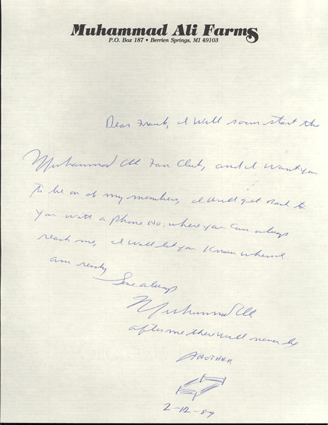 ALI, MUHAMMAD HAND WRITTEN LETTER (1989-RE: FAN CLUB)
