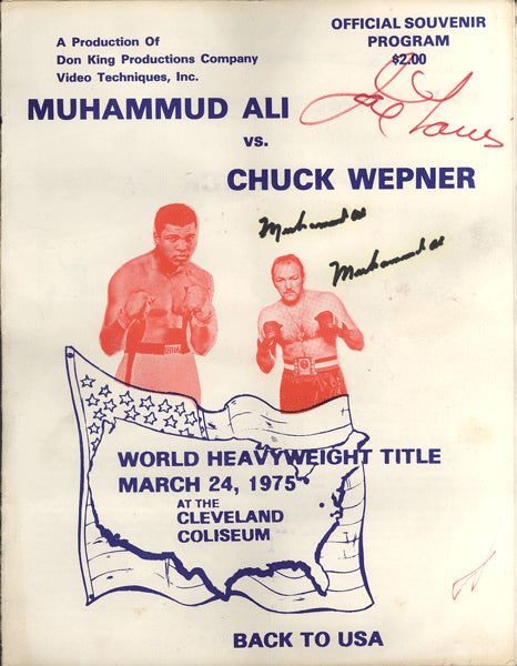 ALI, MUHAMMAD-CHUCK WEPNER SIGNED OFFICIAL PROGRAM (1975-SIGNED BY ALI TWICE & JOE LOUIS-PSA/DNA)