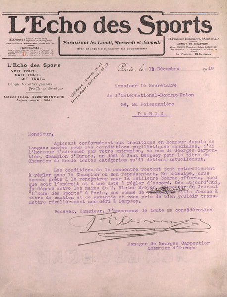 DESCAMPS, FRANCOIS ONE PAGE SIGNED CHALLENGE LETTER (1919-REGARDING CARPENTIER MATCH WITH DEMPSEY)