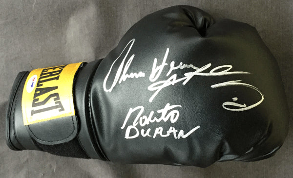 LEONARD, SUGAR RAY & ROBERTO DURAN & THOMAS HEARNS SIGNED BOXING GLOVE (PSA/DNA AUTHENTICATED)