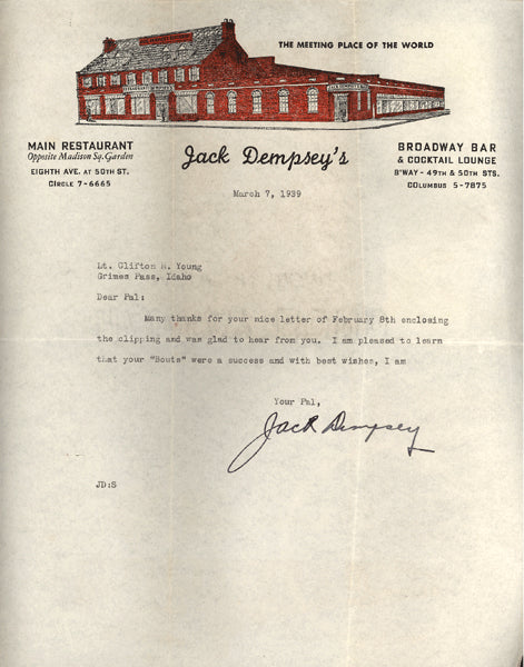 DEMPSEY, JACK SIGNED LETTER (1939)