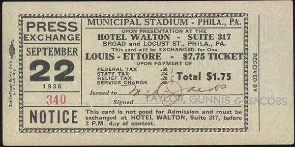 LOUIS, JOE-AL ETTORE FULL EXCHANGE TICKET (1936)