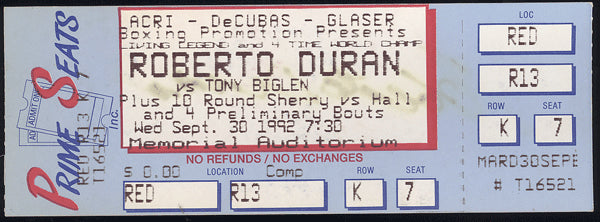 DURAN, ROBERTO-TONY BIGLEN FULL TICKET (1992-SIGNED ON BACK BY DURAN)