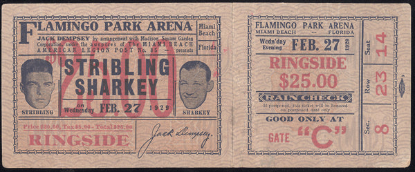 SHARKEY, JACK-YOUNG STRIBLING FULL TICKET (1929)