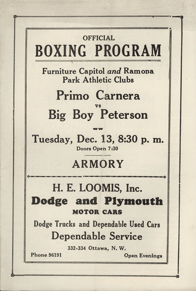 CARNERA, PRIMO-BIG BOY PETERSON OFFICIAL PROGRAM (1932)
