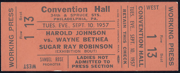 JOHNSON, HAROLD-WAYNE BETHEA FULL TICKET (1957-SUGAR RAY ROBINSON EXHIBITION)