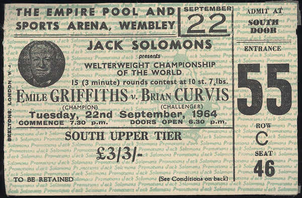GRIFFITH, EMILE-BRIAN CURVIS STUBLESS TICKET (1964)