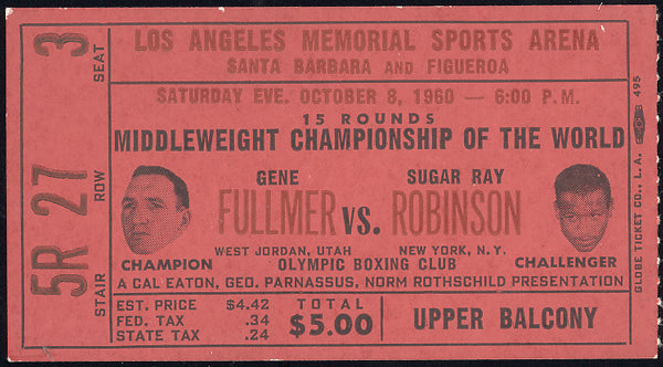 ROBINSON, SUGAR RAY-GENE FULLMER STUBLESS TICKET (1960)