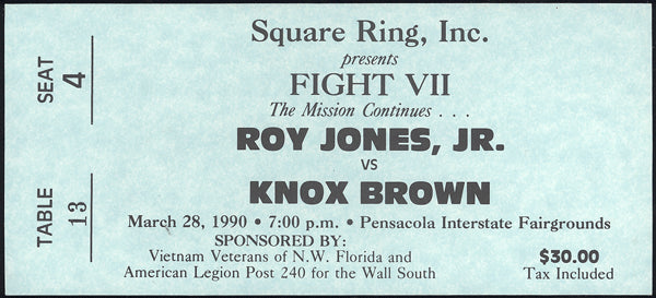 JONES, JR., ROY-KNOX BROWN FULL TICKET (1990-JONES, JR. 7TH PRO FIGHT)