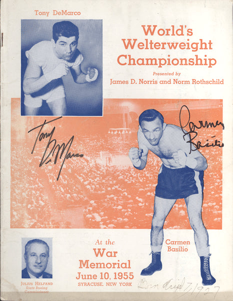 BASILIO, CARMEN-TONY DEMARCO I OFFICIAL PROGRAM (1955-BASILIO WINS TITLE-SIGNED BY BOTH FIGHTERS)