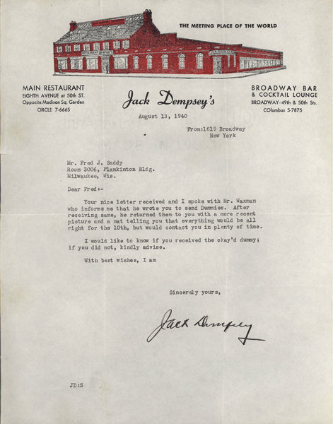 DEMPSEY, JACK SIGNED LETTER (1940)