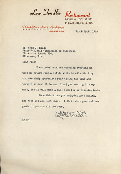 TENDLER, LEW SIGNED LETTER (1949)