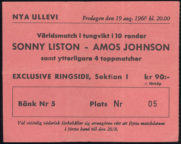 LISTON, SONNY-AMOS JOHNSON STUBLESS TICKET (1966)