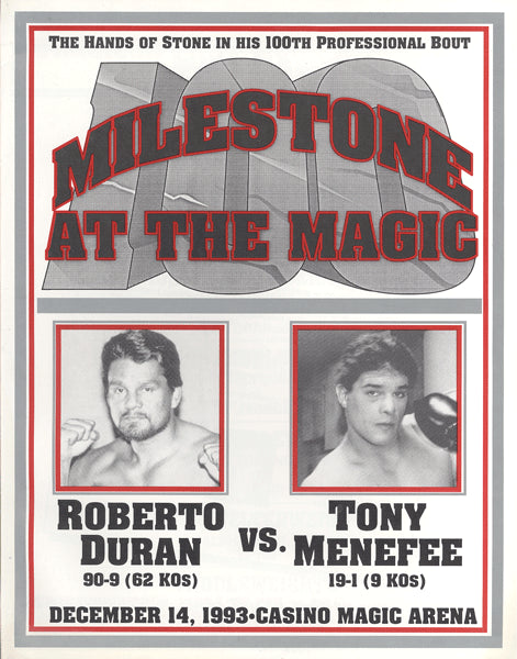 DURAN, ROBERTO-TONY MENEFEE OFFICIAL PROGRAM (1993-DURAN'S 100TH PRO FIGHT)