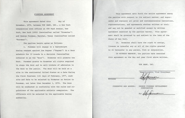 FOREMAN, GEORGE SIGNED CONTRACT (FOR PROPOSED FIGHT WITH JOE BUGNER-1977)