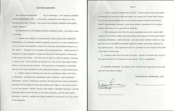 FOREMAN, GEORGE SIGNED CONTRACT (FOR PROPOSED FIGHT WITH BERNARDO MERCADO-1977)