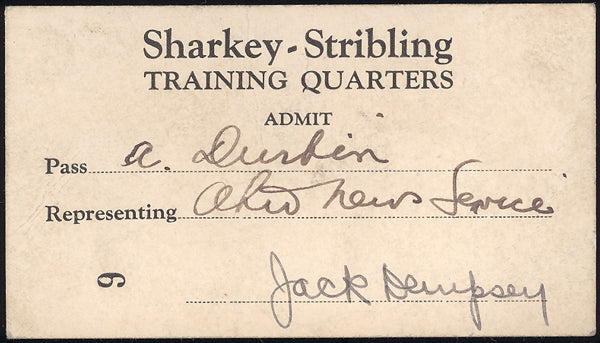 SHARKEY, JACK-YOUNG STRIBLING TRAING CAMP PASS (1929-SIGNED BY JACK DEMPSEY)