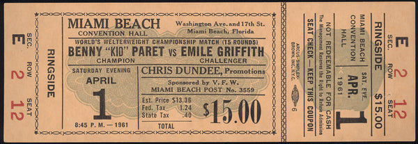 GRIFFITH, EMILE-BENNY "KID" PARET FULL TICKET (1961-GRIFFITH WINS TITLE)