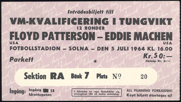 PATTERSON, FLOYD-EDDIE MACHEN STUBLESS TICKET (1964)