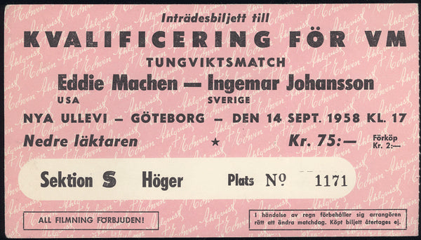 JOHANSSON, INGEMAR-EDDIE MACHEN STUBLESS TICKET (1958)