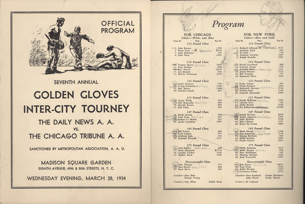 NEW YORK-CHICAGO INTERCITY GOLDEN GLOVES PROGRAM (1934(BETTINA, ZALE, PASTOR,LESNEVICH)