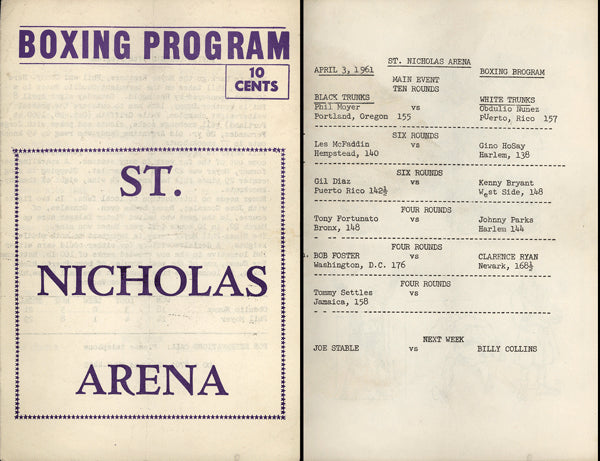 FOSTER, BOB-CLARENCE RYAN OFFICIAL PROGRAM (1961-FOSTER'S 2ND PRO FIGHT)