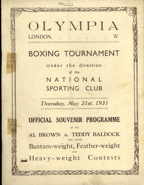 BROWN, PANAMA AL-TEDDY BALDOCK OFFICIAL PROGRAM (1931)