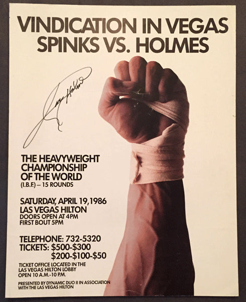 HOLMES, LARRY-MICHAEL SPINKS II ON SITE POSTER (1986-SIGNED BY HOLMES)