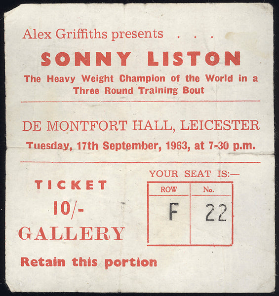 LISTON, SONNY APPEARANCE STUBLESS TICKET (1963)