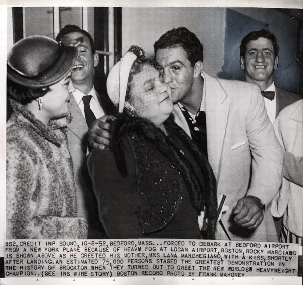 MARCIANO, ROCKY & MOTHER WIRE PHOTO (1952-AFTER WINNING TITLE)