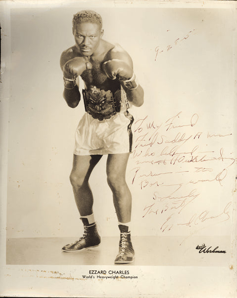 CHARLES, EZZARD SIGNED PHOTO (AS CHAMPION TO FIGHTER FRED SADDY)